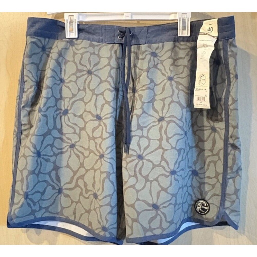 O'Neill Men's OG Print Scallop board shorts in a grey flora
